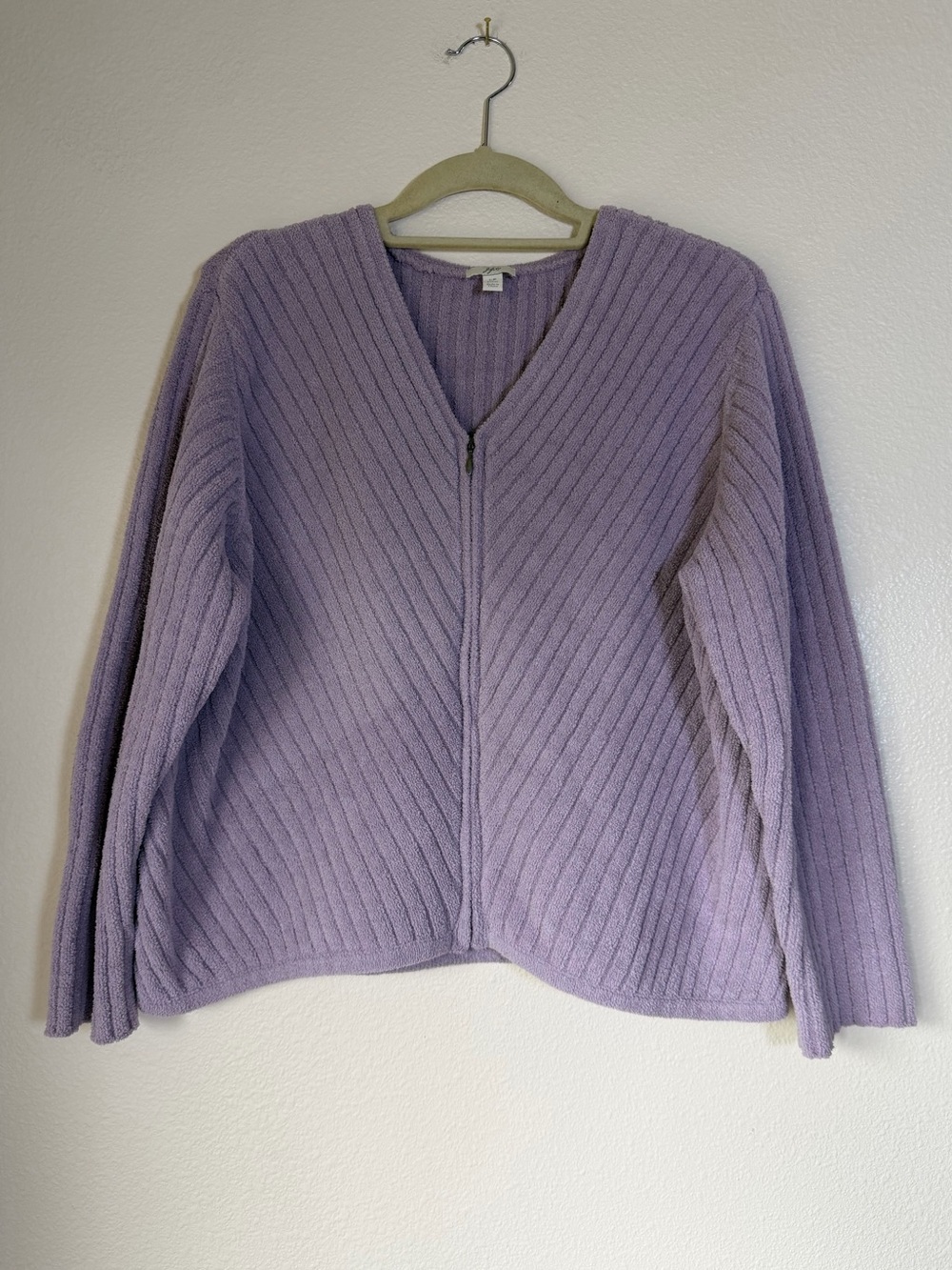 J. Jill Lavender V-Neck Ribbed Zip Front Sweater, Size Large Petite